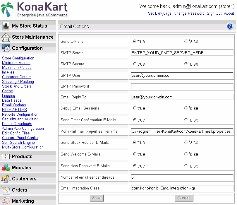Configure Email Options KonaKart Admin App - Email Options Configuration